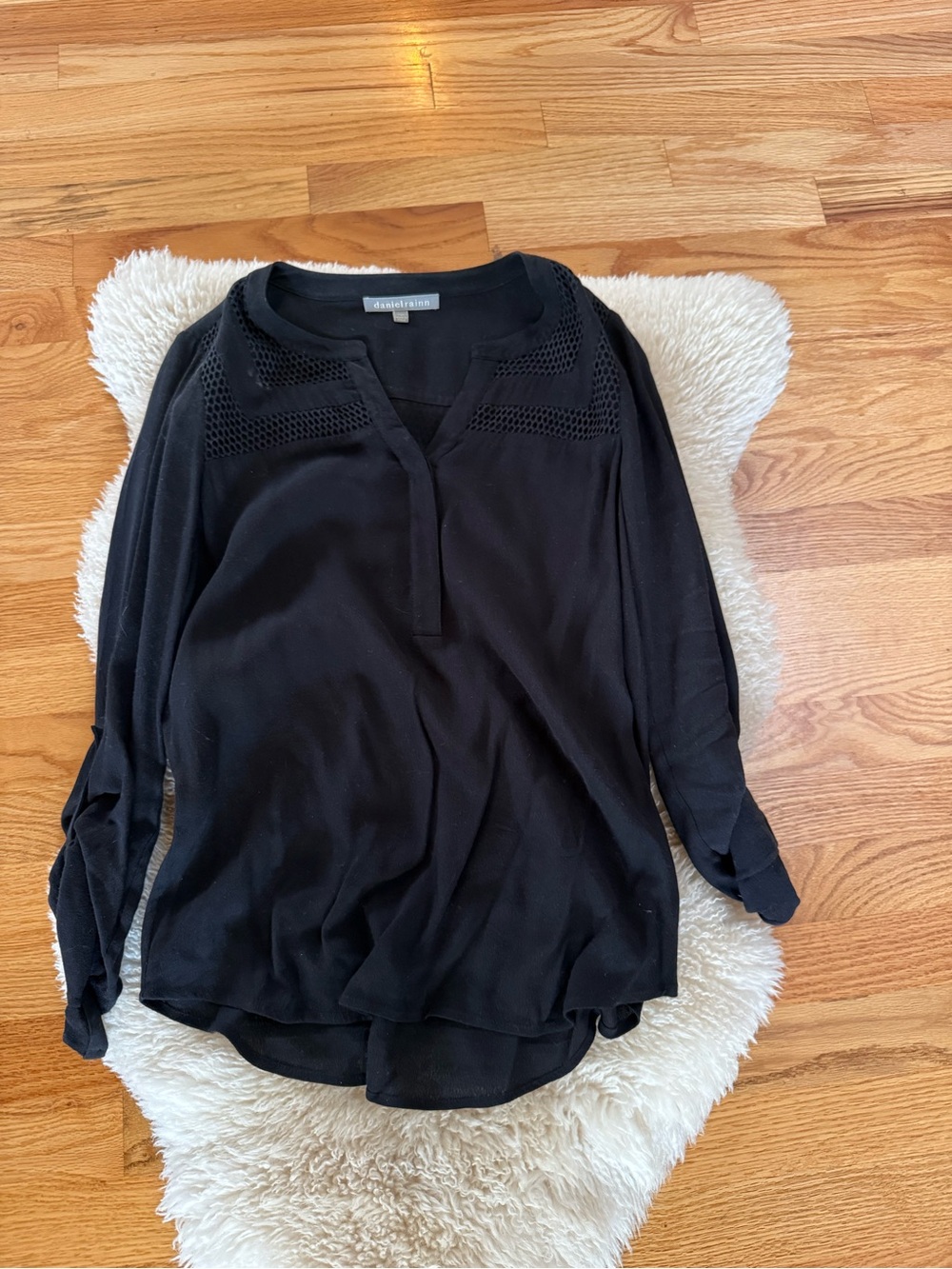 Daniel Rainn Black V-Neck Knit Blouse with Mesh Yoke